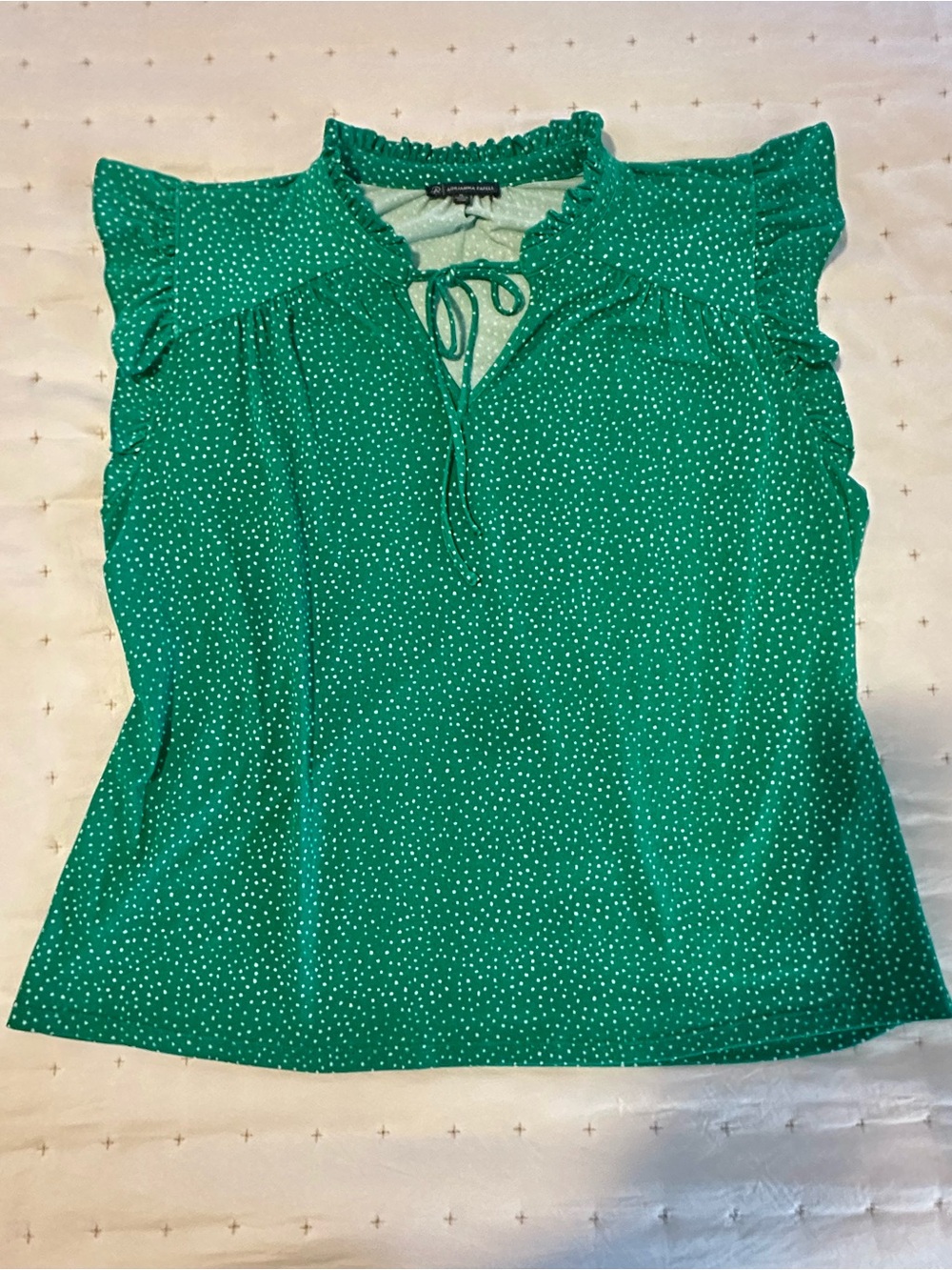 Adrianna Papell Green Polka Dot Ruffle-Neck Blouse - Like New-Hem Flaw Size XL - Picture 2 of 9